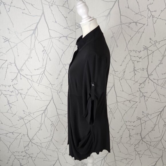 Joseph Ribkoff Black Stretch Knit Pleated Drape Button Up Tunic - Picture 2 of 5